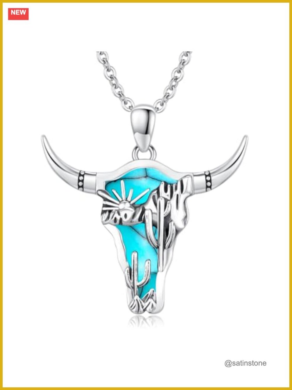 925 Sterling Silver Turquoise Cow Skull Western Pendant Necklace